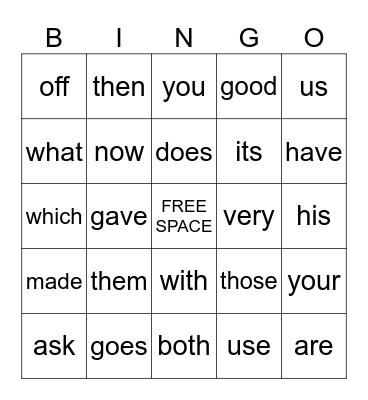 Sight Word Bingo Card