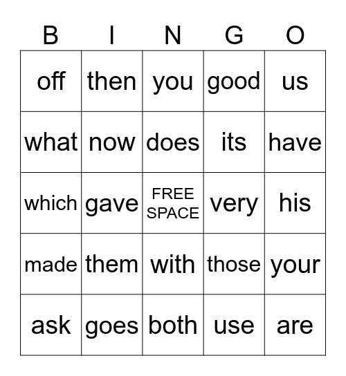 Sight Word Bingo Card