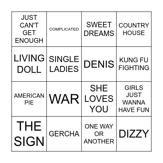 Top Of The Pops Bingo Card