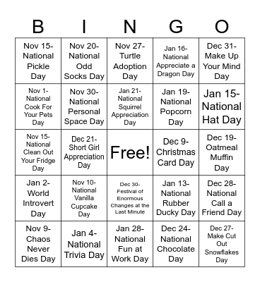 Celebrate the Seasons Bingo Card