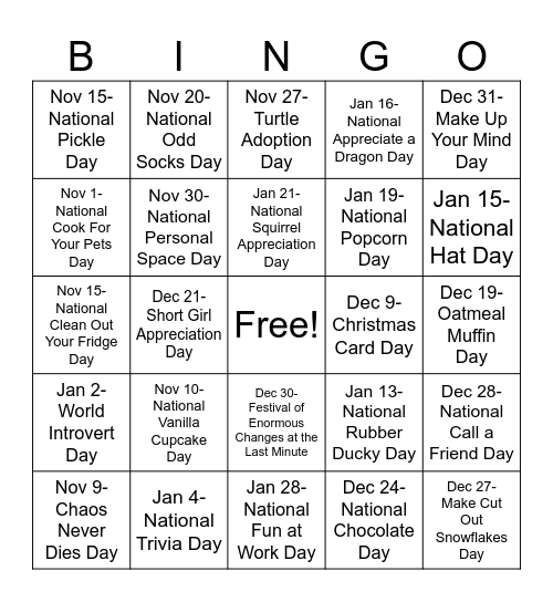 Celebrate the Seasons Bingo Card