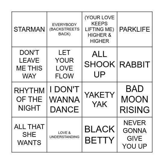 SMASH HITS Bingo Card