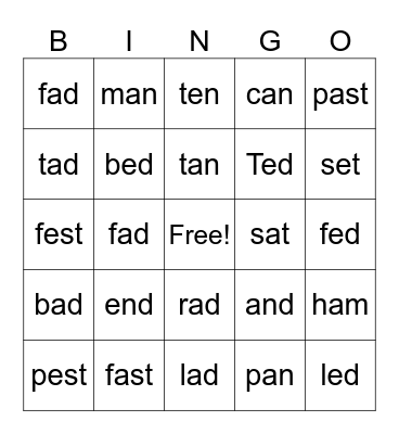 Short e vs short a Bingo Card