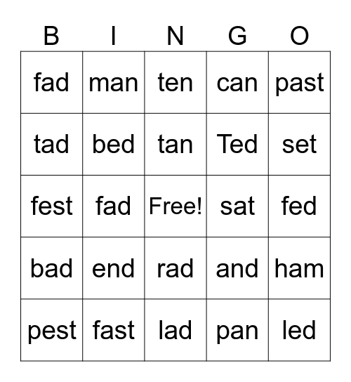 Short e vs short a Bingo Card