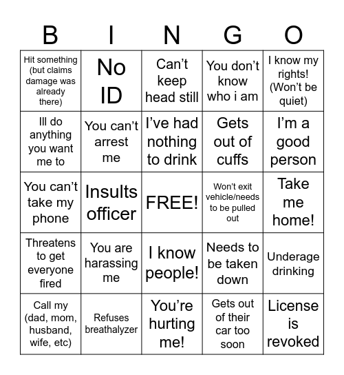 DUI Bodycam Bingo (40) Bingo Card