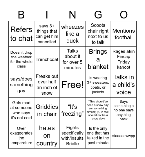 Chuck in Winter Bingo Card