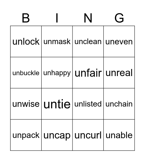 prefix un- Bingo Card