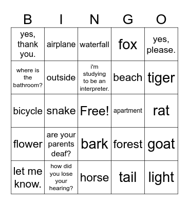 ASL Unit 4 Bingo Card