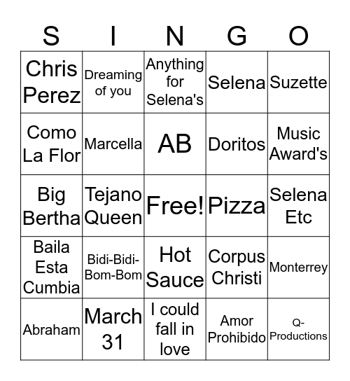 Selena Bingo Card