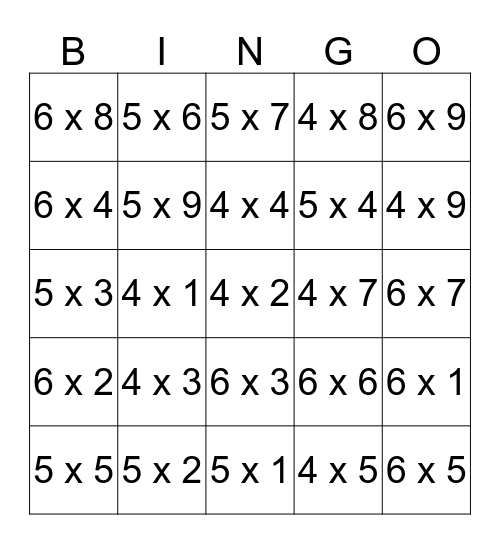 Multiplication of 4s, 5s, 6s Bingo Card