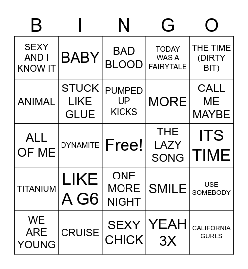 #1- 2010'S HITS Bingo Card