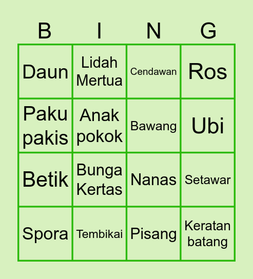 Membaca label nama tumbuhan Bingo Card