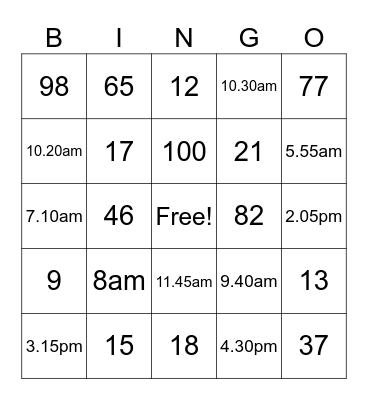 Time and numbers Bingo Card