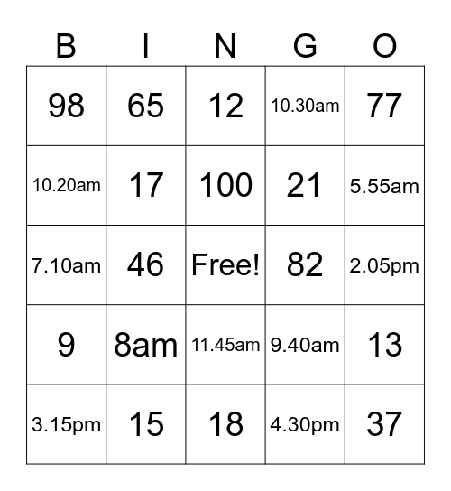 Time and numbers Bingo Card