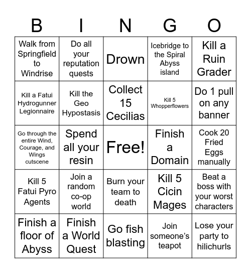 Genshin Bingo Card