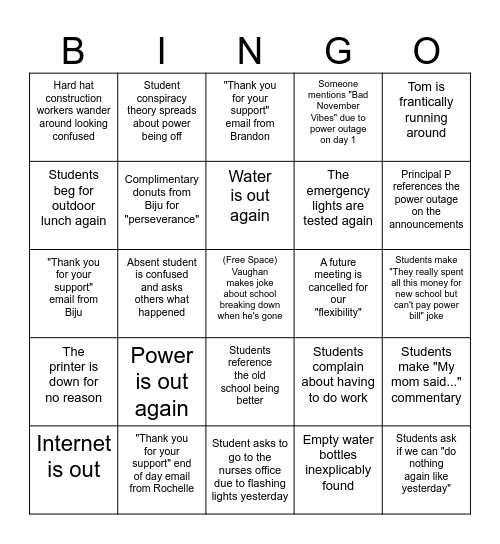 Mosley Day after Power Outage Bingo Card