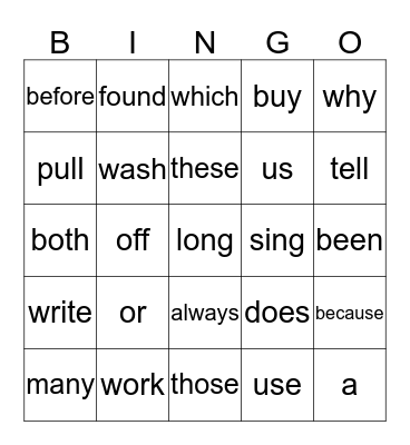 Sight Words Set 5 Bingo Card
