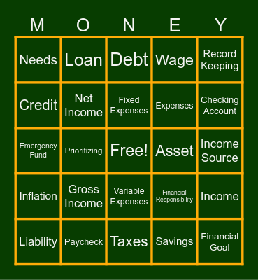 Money Matters Bingo Card