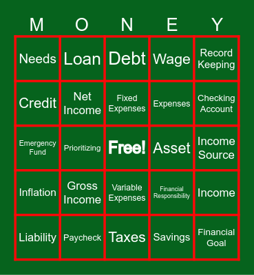 MONEY MATTERS Bingo Card