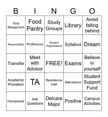 College Success Bingo Card