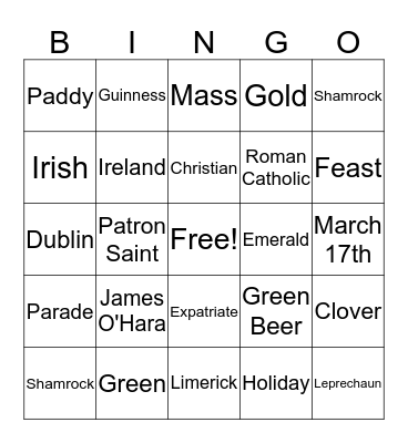 Saint Patrick's Day Bingo Card