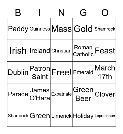 Saint Patrick's Day Bingo Card