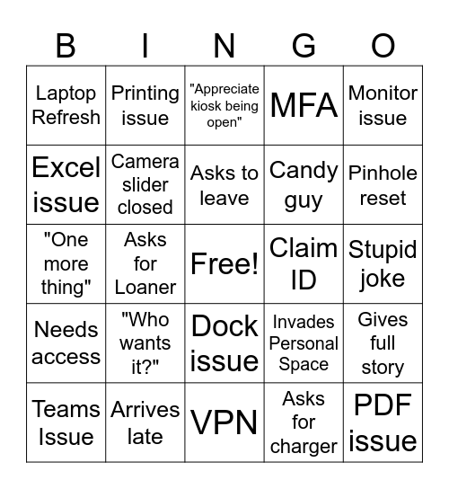 Kiosk Bingo Card