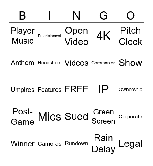 MLB Game Presentation Bingo Card