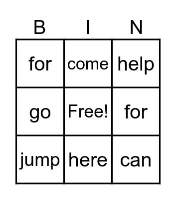 Sight Words Bingo Card