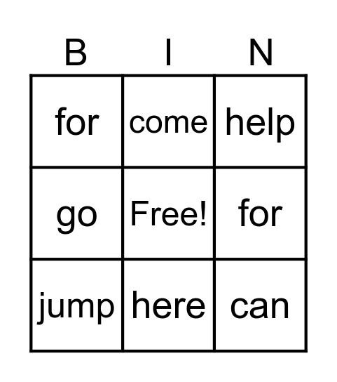 Sight Words Bingo Card