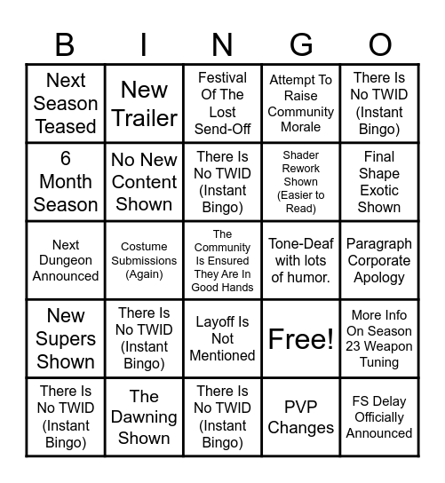 TWAB Bingo 11/2/2023 Bingo Card