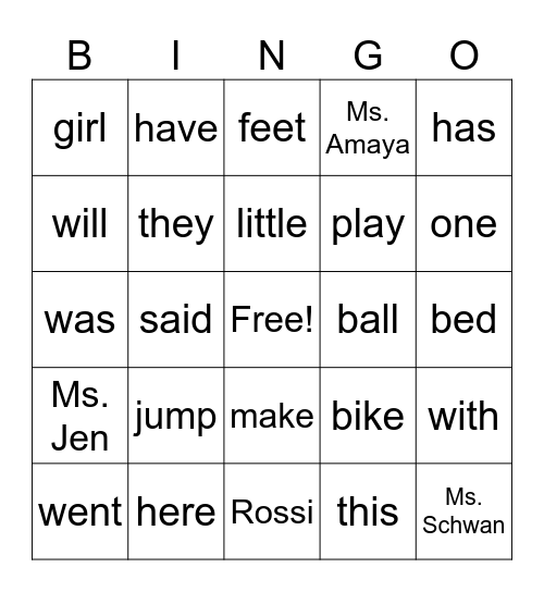 Word List 1 HFW Bingo Card