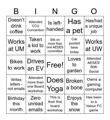 AESES FALL BOARD WORKSHOP BINGO Card