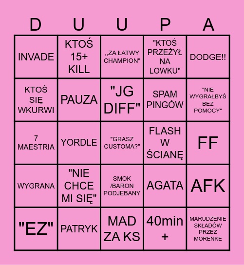 Bingo ze zjebami UwU Bingo Card