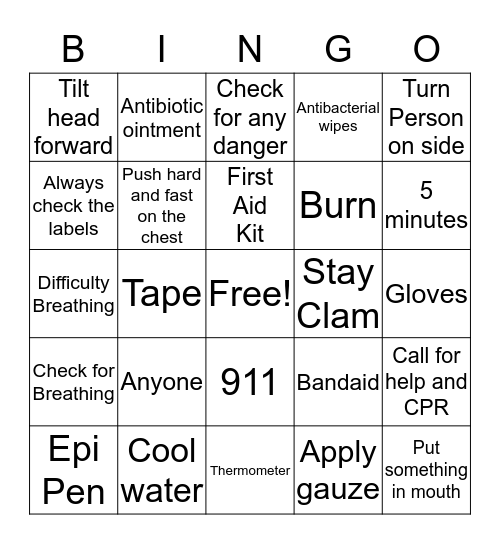 First Aid Bingo Card