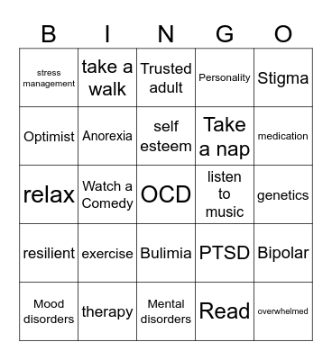 Mental Health Bingo Card