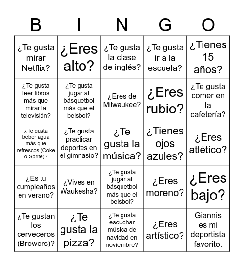 español Bingo Card