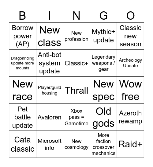 World of Warcraft BINGO 2023 Bingo Card