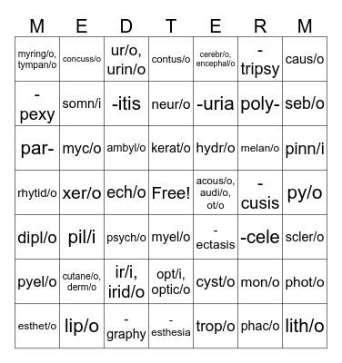 Medical Terminology Ch. 9-12 Bingo Card
