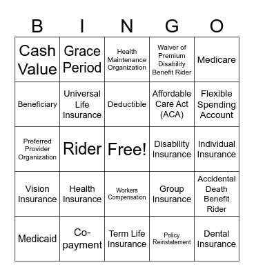 Health, Life and Other Types of Insurances Bingo Card