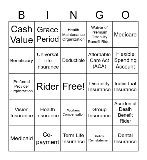 Health, Life and Other Types of Insurances Bingo Card