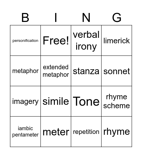 Poetry Station Review Bingo Card