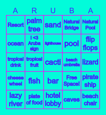 Vacation Bingo- Aruba Edition Bingo Card