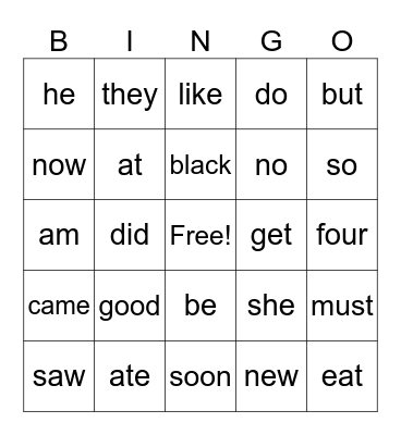 Sight Words 2 Bingo Card
