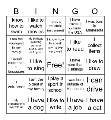 Girls Taking Action Bingo Card