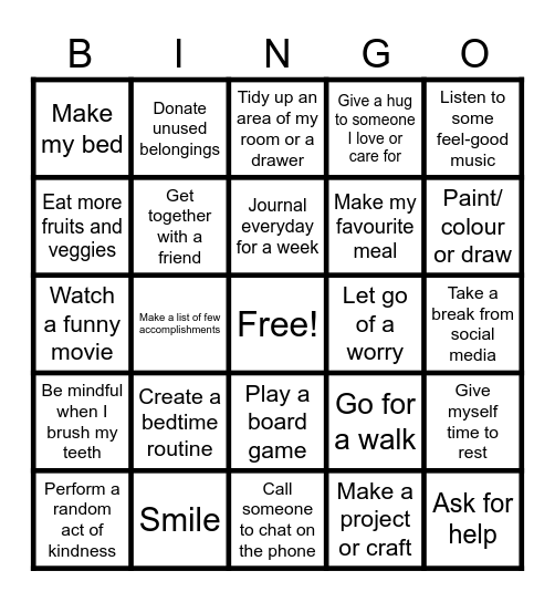 Self Care Bingo Card