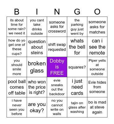 Bartender Bingo Card