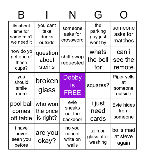 Bartender Bingo Card