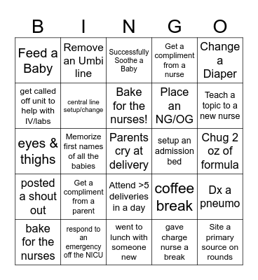 NICU Bingo Card