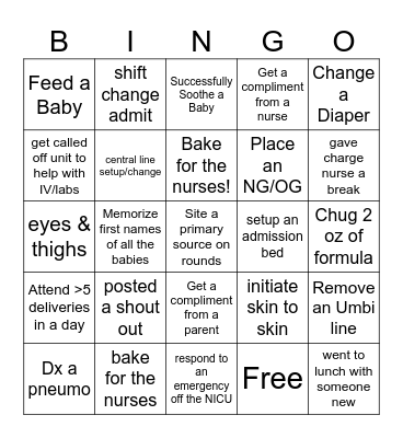 NICU Bingo Card